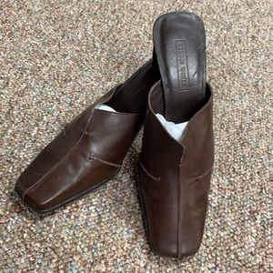 Studio Works Brown leather clogs. Size 8.5 3” heel